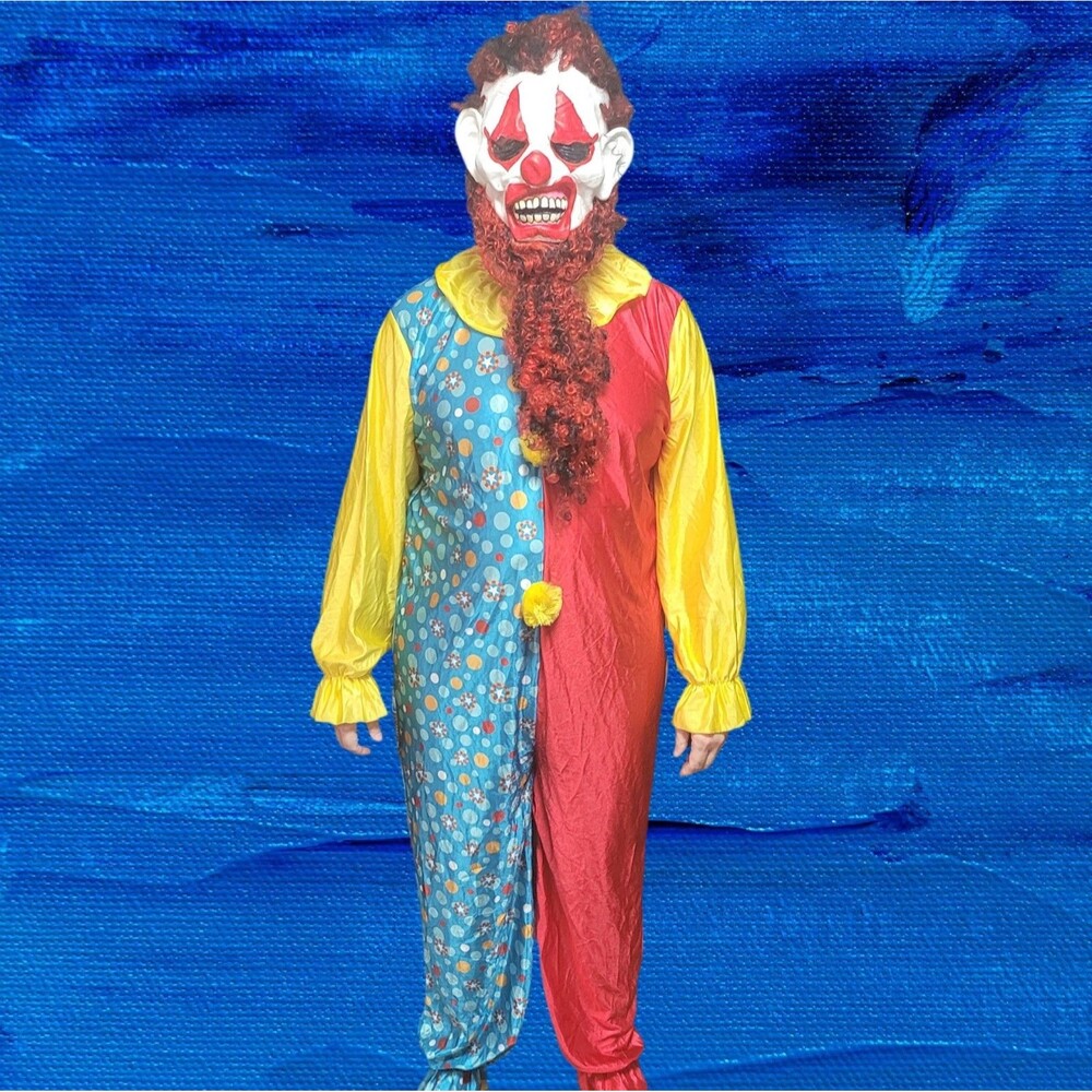 Adult Scary Clown Halloween Costume Red Curly Beard EUC Walmart 17216-E